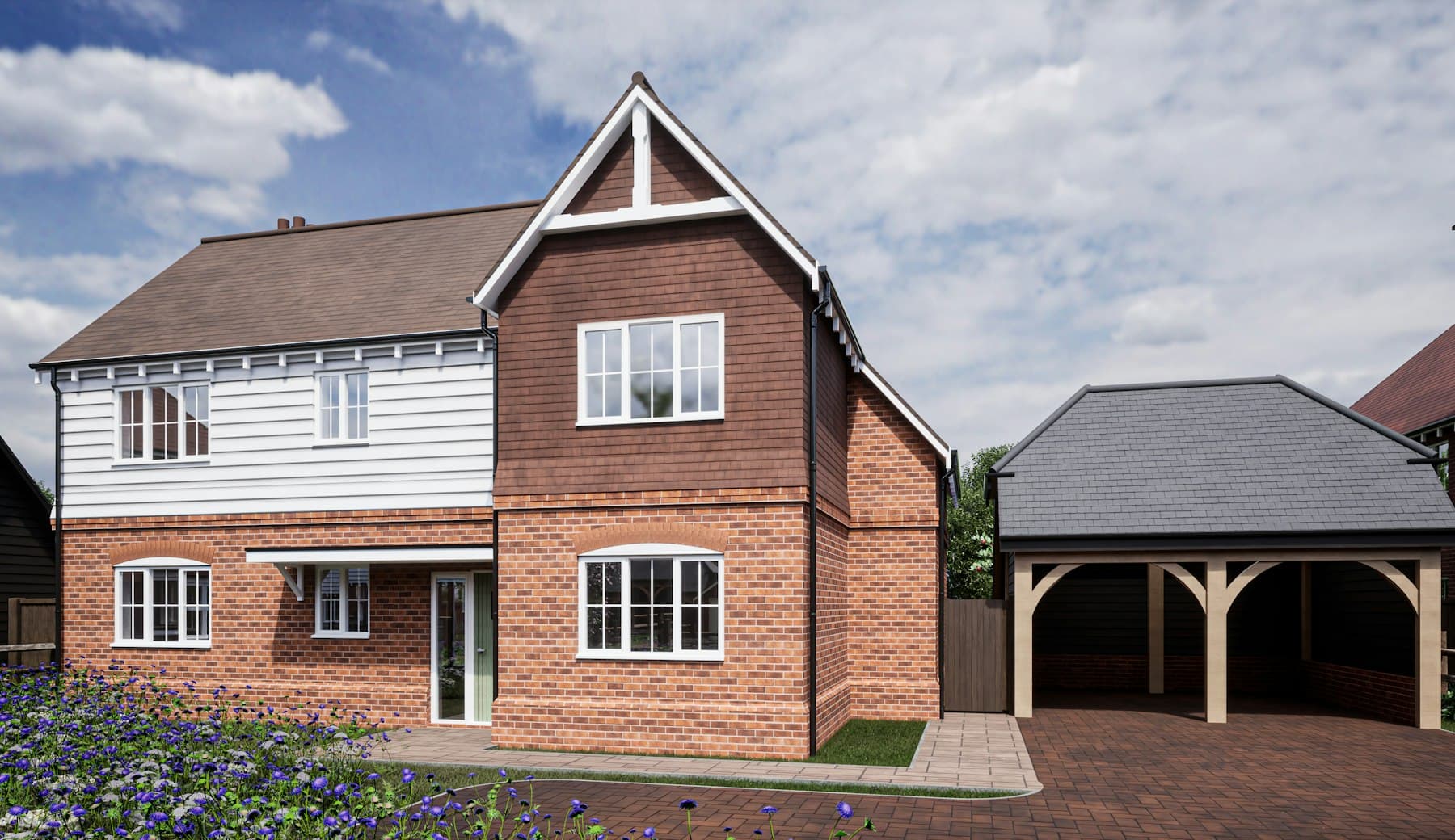 Red-brick detached house with white weatherboarding and an oak-framed car barn