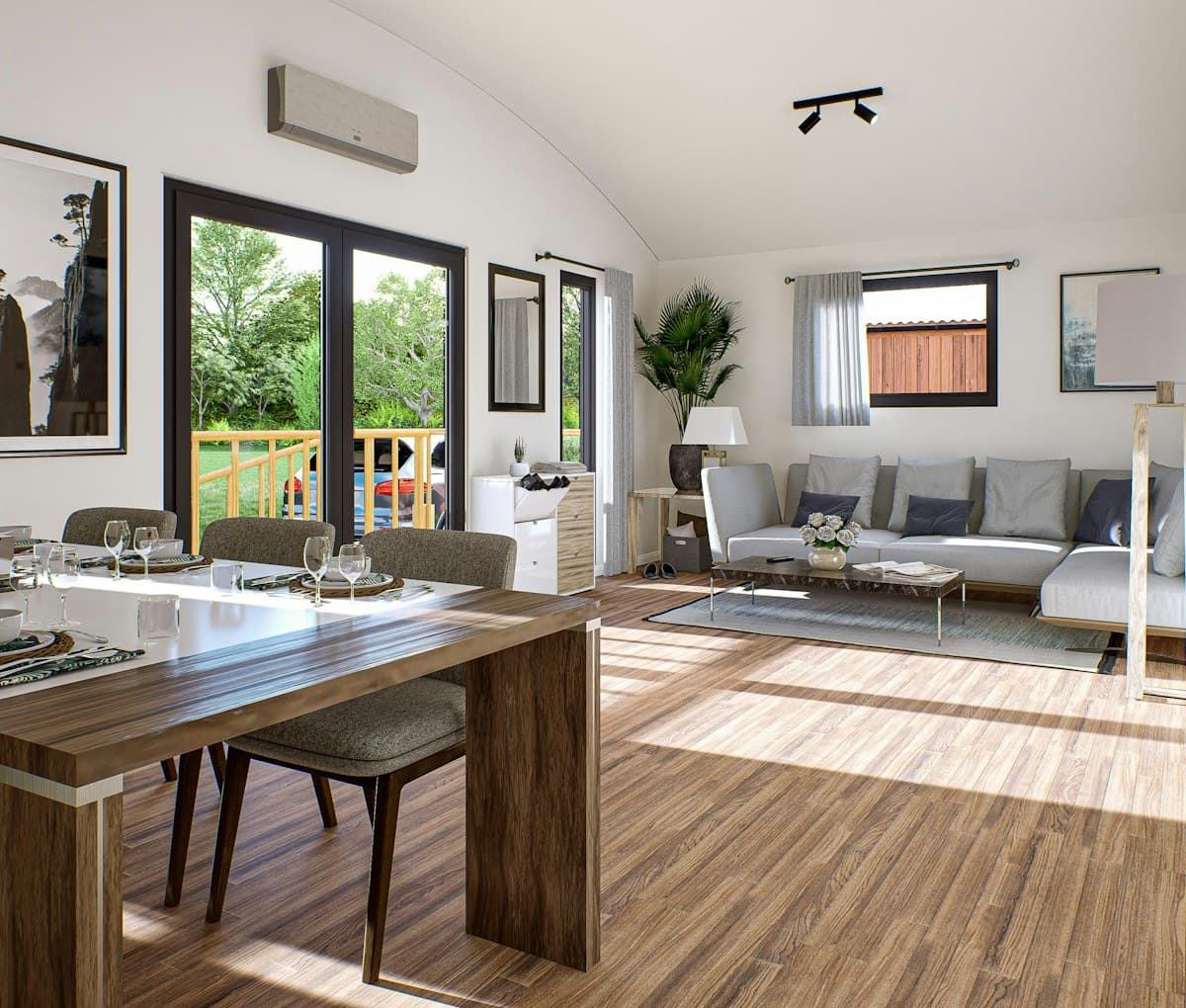 Bright open-plan living and dining room with garden doors